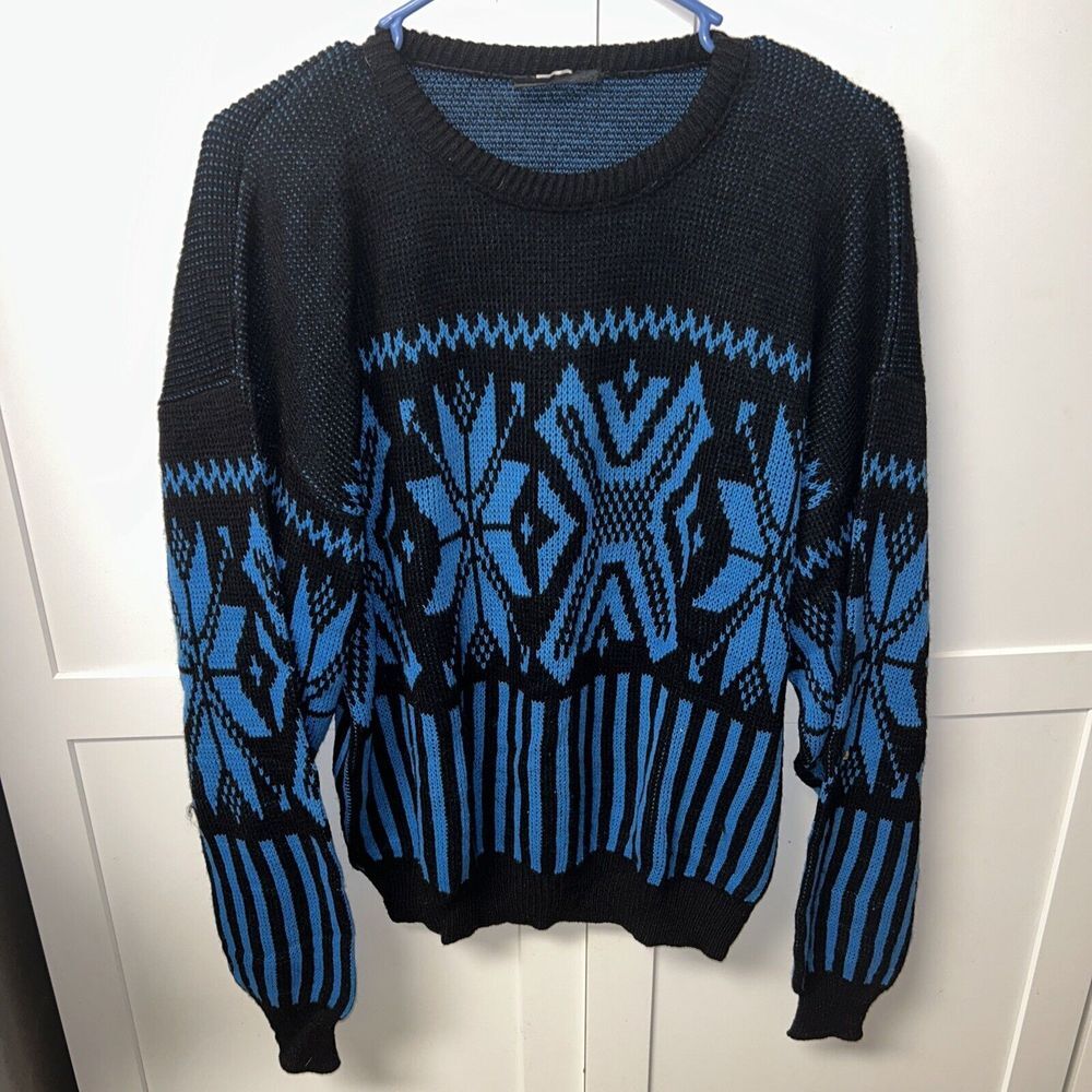 VTG Playboy Christmas Snowflake Sweater Blue &‎ Black Snowflakes Women's L USA